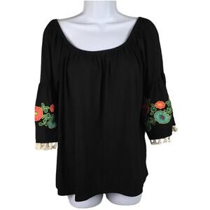 Umgee Top Floral Embroidered Tassel Bohemian Off Shoulder Bell Sleeve Blouse M‎